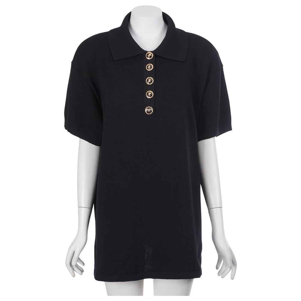St. John by Marie Gray Top L Black Santana Knit Wool? Short Sleeve Polo USA Made